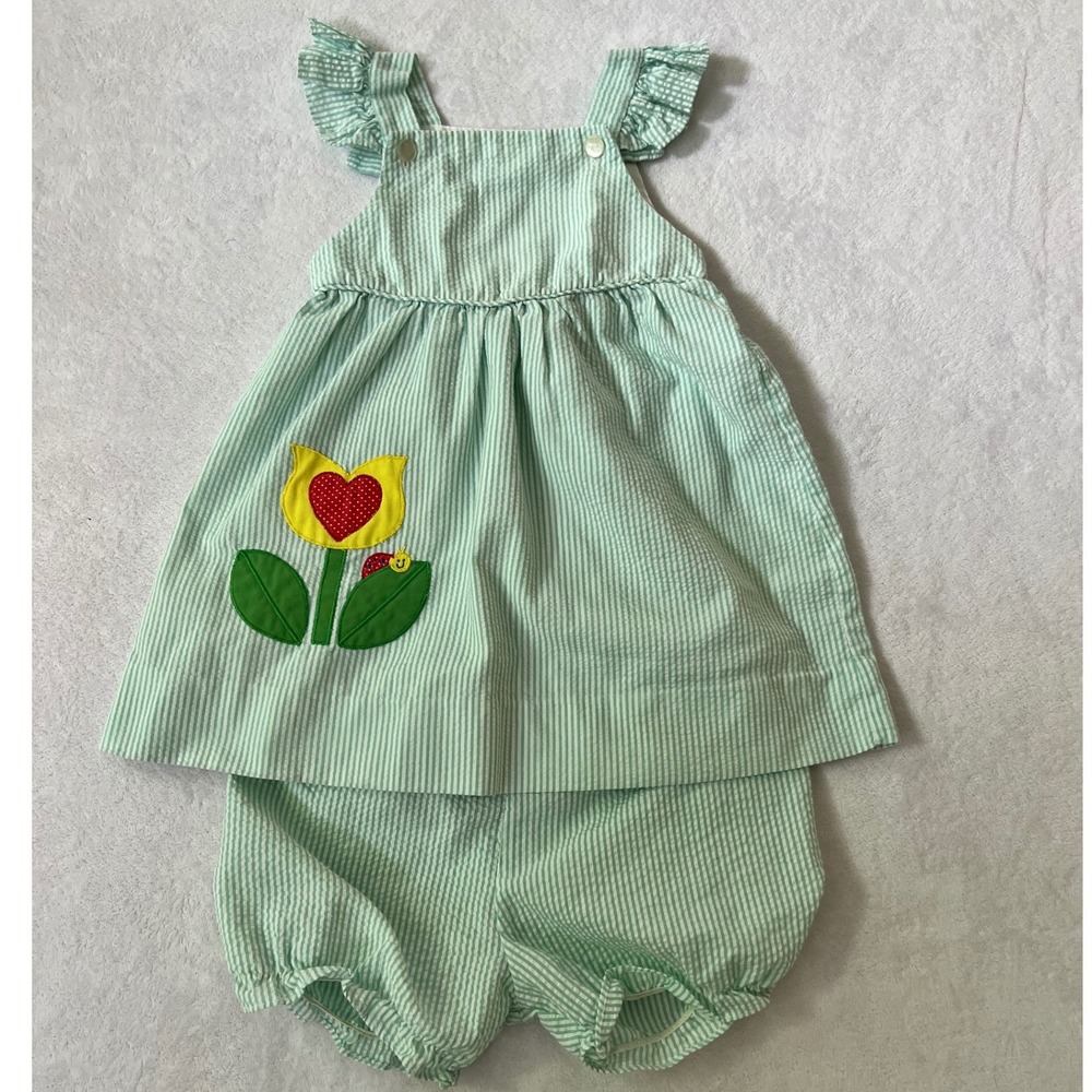 Seersucker Dress with Bloomer Set Green Striped Tulip Applique Kids Size 18-24M